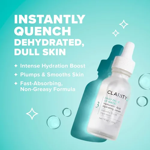 Vista 2 de ClarityRx Dosis diaria de suero facial hidratante de ácido hialurónico de agua, tratamiento hidratante diario natural a base de plantas para piel