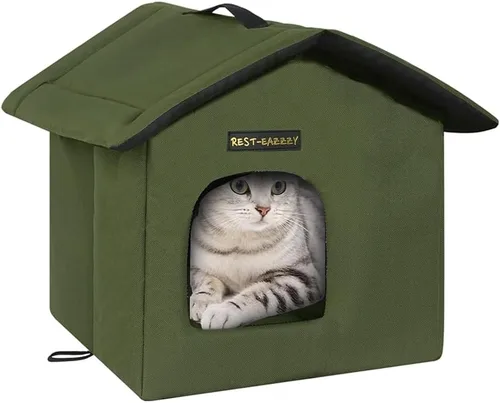 Vista 9 de Rest-Eazzzy Casa para gatos al aire libre, resistente a la intemperie y aislada, con alfombrilla y toldo, fácil de poner, refugio para gatos