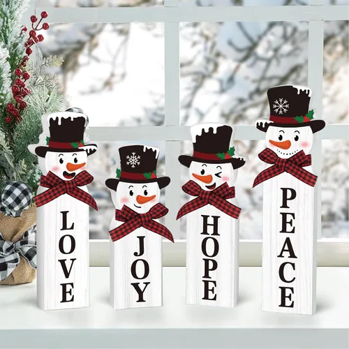 Vista 5 de Decoración de muñeco de nieve de Navidad, letrero de mesa de muñeco de nieve de madera, decoración de bandeja escalonada de invierno para decoración
