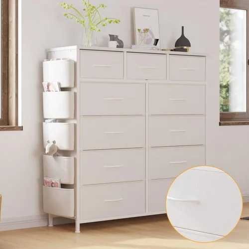 Vista 33 de Cómoda de almacenamiento de tela con 11 cajones para organización del dormitorio, cómoda con estantes profundos, bolsillos laterales y ganchos, Negro