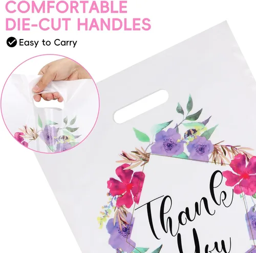 Vista 4 de POPGIFTU Bolsas de agradecimiento florales con asas, bolsa de plástico de 12 x 15 pulgadas, paquete de 100 – Boutique, regalo, recuerdo de fiesta