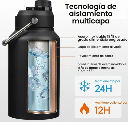 Vista 3 de Konokyo Jarra de medio galón con asa, botella de agua aislada de 64 onzas con bolsa de transporte, botella de metal de acero inoxidable al vacío