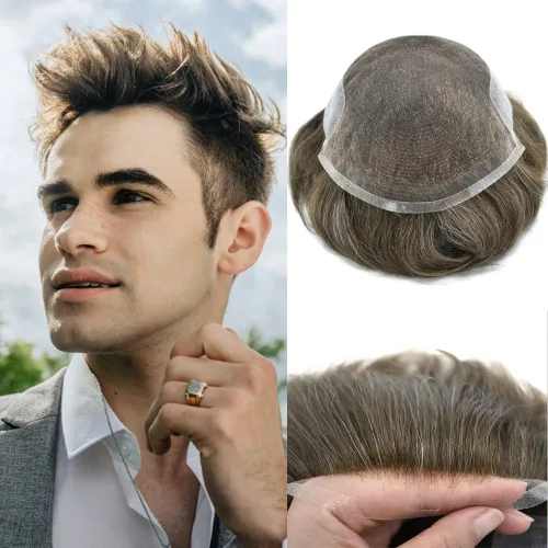 Vista 30 de Toupee para hombres sistemas de reemplazo de piel sintética con encaje suizo para hombre, nudos blanqueados, línea capilar natural para hombres