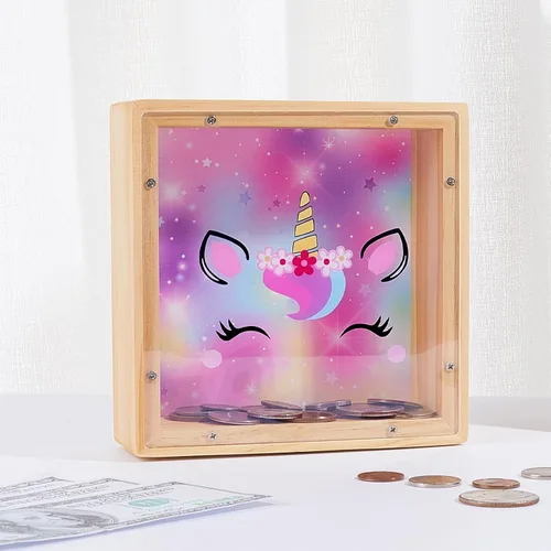 Vista 7 de Alcancía para niños, banco de monedas de madera para niños y niñas, dinosaurio unicornio alcancía con calcomanías de bricolaje para cumpleaños