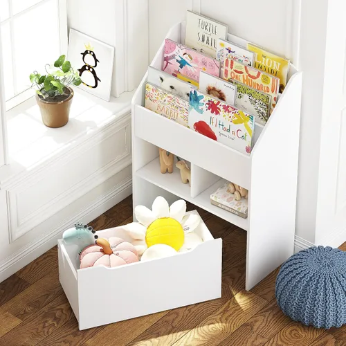 Vista 6 de UTEX Estantería para niños con caja de juguetes móvil, estante para libros y almacenamiento de juguetes, estante de exhibición de libros para niños