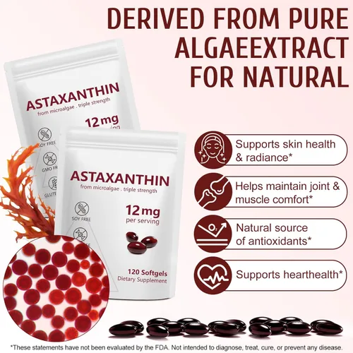 Vista 3 de Suplementos de Astaxantina 12 mg 120 cápsulas blandas, suplementos antioxidantes de astaxantina premium, vitaminas para la piel de triple fuerza