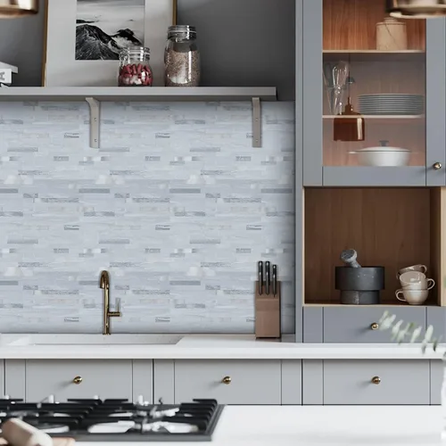 Vista 5 de Midcard 10 hojas de azulejos de salpicaduras para pelar y pegar de PVC para salpicaduras de cocina Rectangular Azul Claro con Plata Metálica