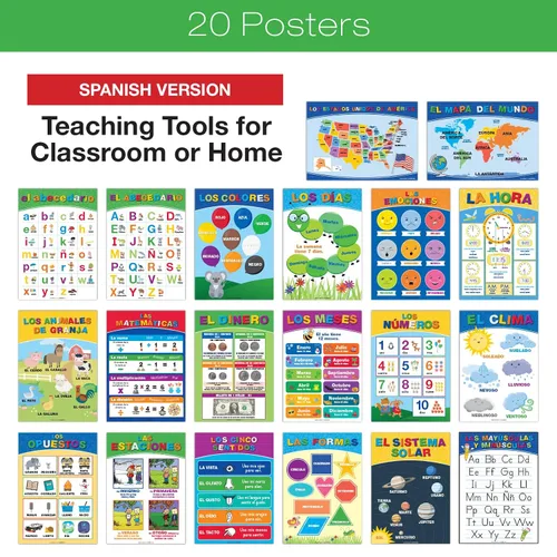 Vista 5 de 20 Carteles Educativos Grandes para Niños Pequeños (16.5x12 pulgadas Doble Cara Inglés/Español) Alfabeto Colores Letras Números Formas Meses Días