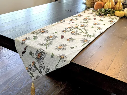 Vista 14 de Tache - Camino de mesa floral marfil de 13 x 54 pulgadas, margaritas blancas y amarillas, flores de manzanilla, tapiz vintage tejido para cocina