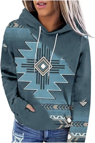 Vista 10 de Sudaderas con capucha azteca occidental para mujer, sudaderas de manga larga con gráficos vintage, camisetas de vaquera, ropa 2023