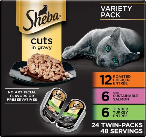 Vista 17 de Sheba SHEBA PERFECT PORTIONS Comida suave y húmeda para gatos Cortes en salsa Paquete de variedad de plato principal de atún y pollo asado, (6) 2.6