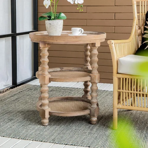 Vista 3 de 3-Tier Round Side Table Small End Tables Nightstand Wood & Rattan Brown 23.5 Brown