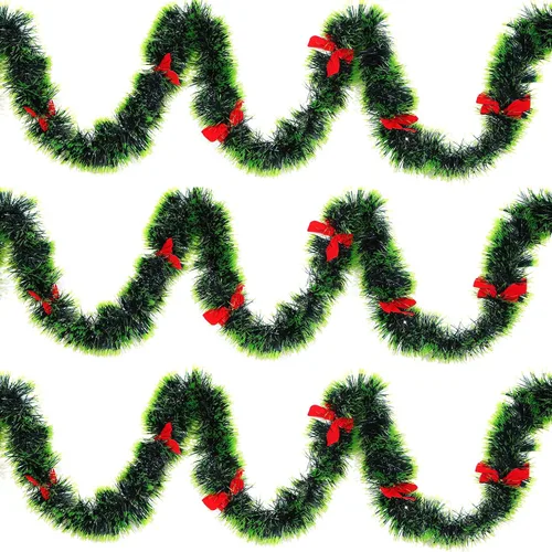 Vista 4 de 3 guirnaldas de oropel de Navidad de 8.2 pies (total: 24.6 pies) con 24 lazos rojos para interiores y exteriores, día festivo, Mardi Gras, Navidad