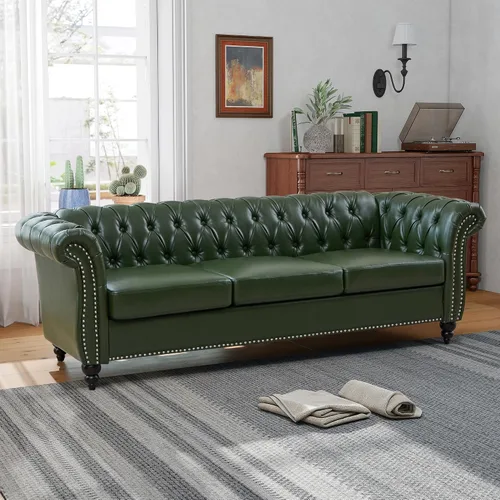 Vista 24 de QHITTY Sofá grande Accent, sofá Chesterfield de 3 plazas moderno de cuero, sofá tapizado con respaldo copetudo para muebles de sala de estar (negro)