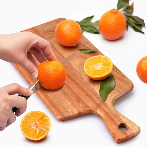 Vista 2 de Tabla de cortar de madera de acacia con mango para cocina, tablas de cortar de madera pequeñas para fruta, queso, pan, carne, charcutería, servir