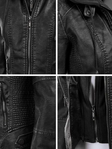Vista 4 de Lock and Love - Chaqueta de motociclista de piel sintética con capucha desmontable, para mujer