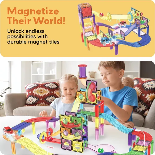 Vista 7 de PicassoTiles Juego de 121 azulejos magnéticos de pista de carreras de mármol 3 en 1, juego de construcción de carreras de automóviles, aprendizaje