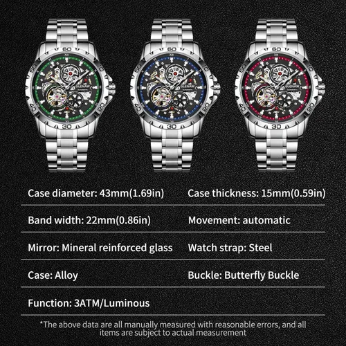Vista 6 de Relojes automáticos para hombre, cuerda automática mecánica, esfera de esqueleto, resistente al agua a 30 ATM, con correa de acero inoxidable, reloj