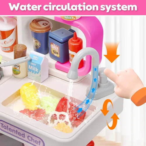 Vista 2 de CUTE STONE Juego de cocina para niños, juego de cocina con sonido y luz, estufa de cocina con vapor, fregadero de juguete, juguete de comida