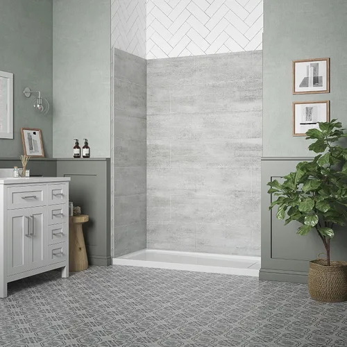 Vista 2 de Ove Decors Misty 60 x 32 pulgadas. Pared de ducha de superficie sólida para alcoba con azulejos grises horizontales