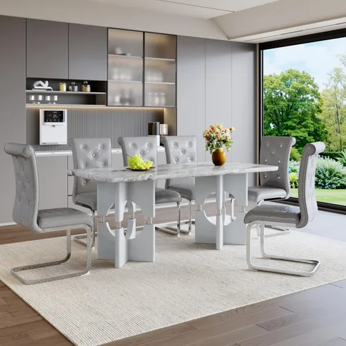 Vista 7 de gopop Juego de mesa de comedor moderna para 6, 7 piezas, mesa de comedor de mármol, mesa de cocina rectangular de 71 pulgadas con 6 sillas tapizadas