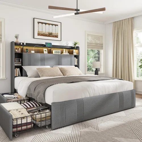 Vista 11 de EnHomee Base de cama de tamaño matrimonial con 4 cajones de almacenamiento y cabecero tapizado, marco de cama matrimonial con LED, estación de carga