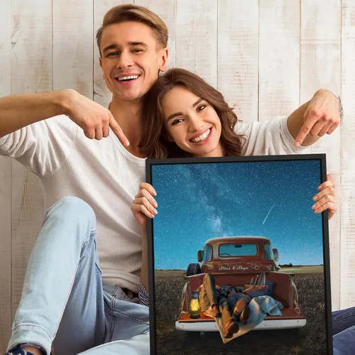 Vista 5 de Personal-Prints Stargazers - Arte romántico personalizado para pared, personalizado con tus nombres en el clásico Chevy 1954, aniversario, boda