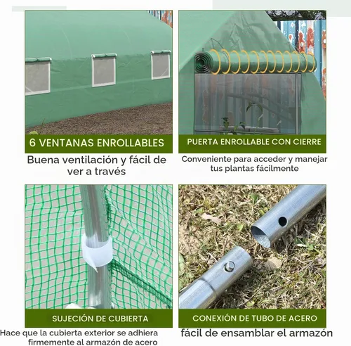 Vista 4 de Outsunny - Invernadero al aire libre de 11.5' x 10' x 6.5', tipo túnel, con ventanas enrollables, puerta con cremallera, cubierta de PE, marco