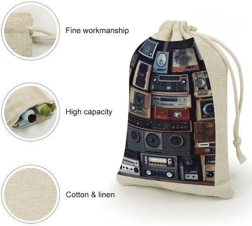 Vista 3 de KLJHNVBM 8-Pack Drawstring Bags, 4.9x6.7 Inch Cotton Linen Small Pouches, Reusable Washable Small Storage Bag Vintage Wall of Radio Boombox Gift Bag