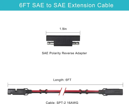 Vista 3 de SAE 16AWG Cable de Extensión para Cargador de Batería de Servicio Pesado de 6 Pies con Conector SAE de 2 Pines de Desconexión Rápida y Adaptador