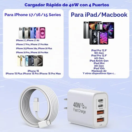 Vista 4 de 2 unidades de cable trenzado iPhone 17/16/15 Pro Max USB C a C, cargador Apple tipo C de 40 W PD de 4 puertos con enchufe de pared y cable trenzado