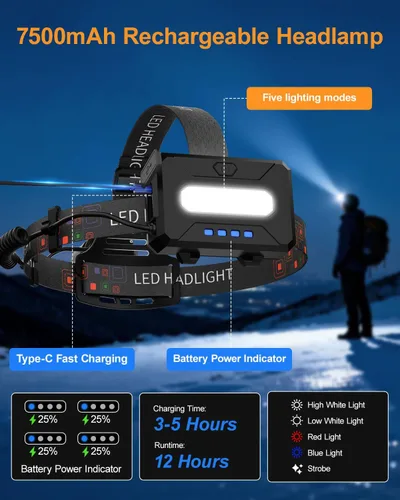 Vista 5 de Linterna frontal recargable con luz de doble color y sensor de movimiento, 1000 lúmenes, linterna de cabeza súper brillante, IPX6 impermeable