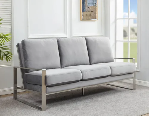 Vista 9 de LeisureMod Jefferson - Sofá moderno de terciopelo de 3 plazas con marco plateado, contemporáneo, para sala de estar, color beige