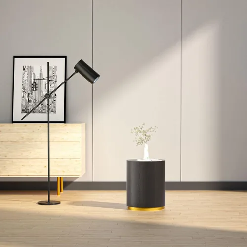 Vista 7 de KEVINSPACE Mesa auxiliar negra con borde dorado en la parte inferior, mesa de centro redonda para espacios pequeños, mesa auxiliar de madera mesita