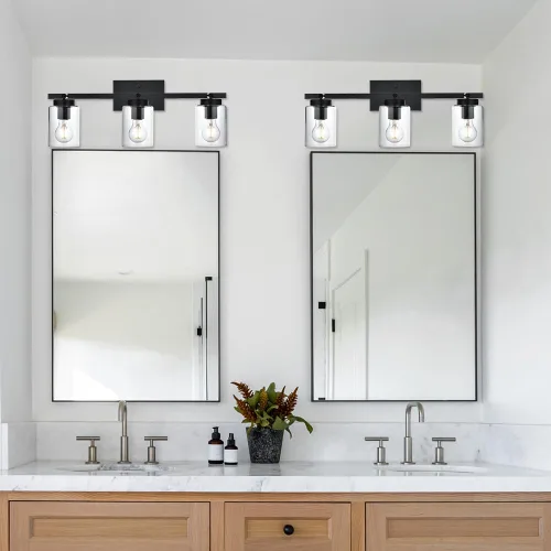 Vista 2 de 3 apliques de pared negros de luz para tocador de baño con pantalla de vidrio transparente, lámpara clásica con cabezal de luz giratoria, lámpara