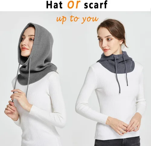Vista 4 de Facecozy Sombreros de invierno para mujer, gorro cálido con capucha para mujer, pasamontañas, gorro de punto con cordón