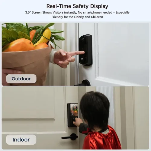 Vista 3 de Cerradura inteligente de video S398, cámara 4 en 1 + timbre de video + cerradura de puerta sin llave de huellas dactilares + monitor de pantalla