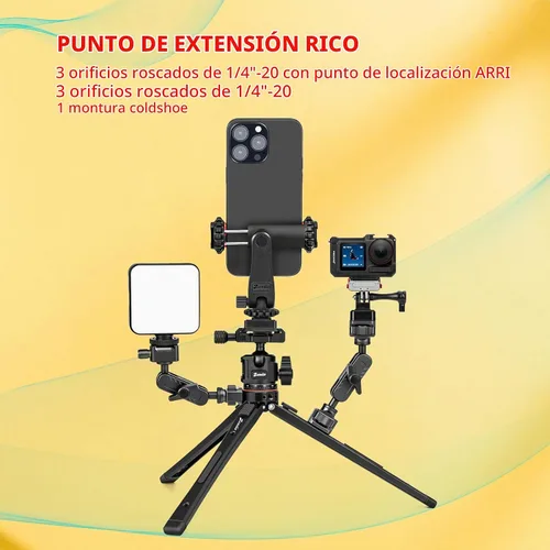 Vista 6 de Zeadio Kit de trípode de metal todo en uno con cabezal de bola Arca, soporte para teléfono y adaptador de cámara de acción