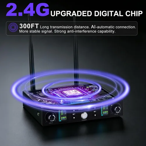 Vista 4 de Sistema de micrófono inalámbrico, mejorado de 2.4 GHz recargable profesional AI conexión automática de canal inalámbrico con distancia de recepción