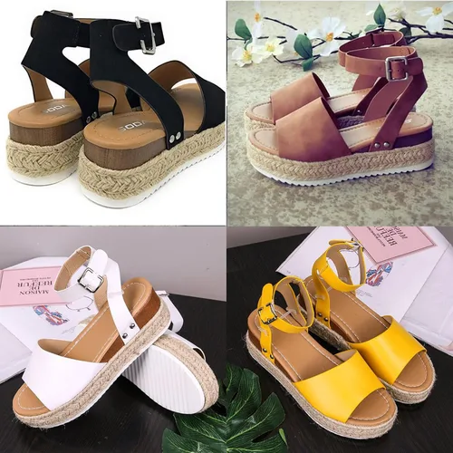 Vista 4 de DevilAngel Sandalias de cuña casuales de verano con hebilla y hebilla para el tobillo y plataforma plana para mujer Negro
