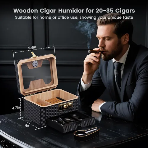 Vista 9 de Humidor de puros con cerradura de combinación, humidor de escritorio de madera de cedro con humidificador e higrómetro, cajón de accesorios, 2
