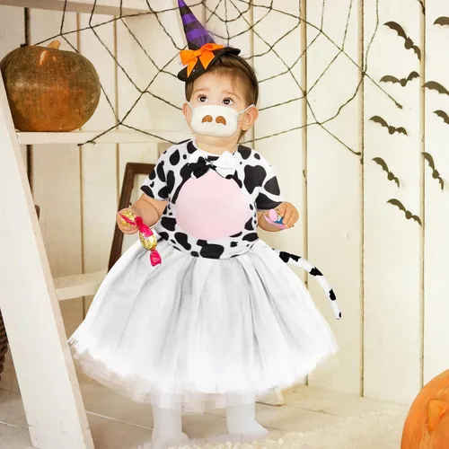 Vista 6 de Bonuci Disfraz de vaca de Halloween para niñas y niños, incluye diadema de vaca, cola, nariz, corbatín, falda, camiseta y pegatina