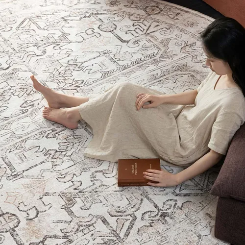 Vista 364 de jinchan Lima - Alfombra simétrica floral geométrica lavable, alfombra de entrada de medio círculo de 2 x 3, alfombra de media luna, suave y Azul