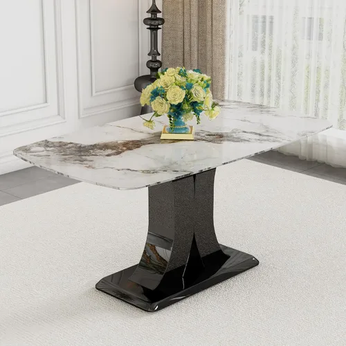 Vista 11 de Mesa de comedor de piedra sinterizada negra de 48.4 pulgadas, mesa de cocina rectangular minimalista con patas de metal negro, mesa de comedor