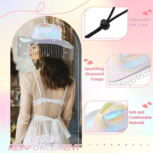 Vista 3 de Toulite Sombrero de vaquero con purpurina de diamantes de imitación occidentales para mujer, sombrero de vaquera con lentejuelas brillantes