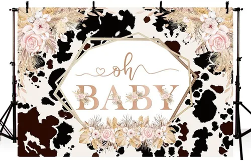Vista 2 de MEHOFOND Telón de fondo bohemio de vaca Oh Baby para niñas, baby shower, rosa rubor, floral, primera vaca santa, hierba de las pampas, estampado