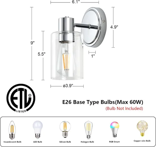Vista 2 de Apliques de Pared de Baño de 2 Luces con Cristal Transparente, Luces de Pared de Baño Sobre Espejo, Luces de Tocador Cromadas con Base E26