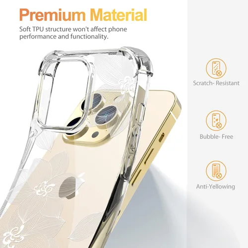 Vista 6 de Funda compatible con iPhone 13 Pro con protector de pantalla, diseño de patrón de flores, funda transparente floral para mujer, a prueba de golpes