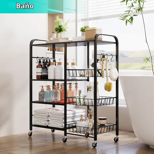 Vista 6 de HapiRm - Carrito rodante de cocina con microondas de 4 niveles - Soporte de mesa para microondas con cestas extraíbles, estante de almacenamiento