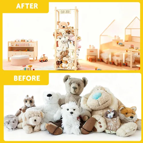 Vista 5 de Organizador de exhibición de animales de peluche con estante, diseño de jaula de zoológico de madera para almacenamiento grande de juguetes